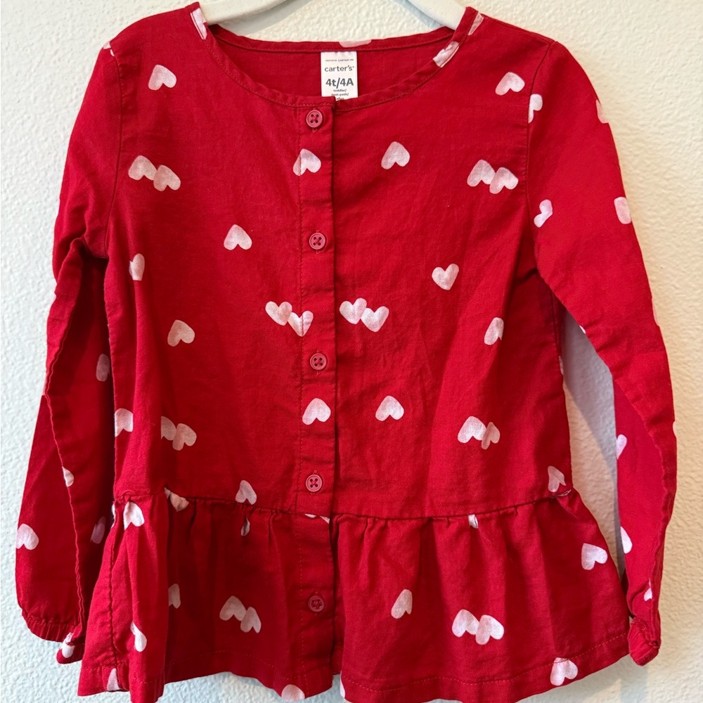 Carter's Red Button Down Shirt with Heart Pattern